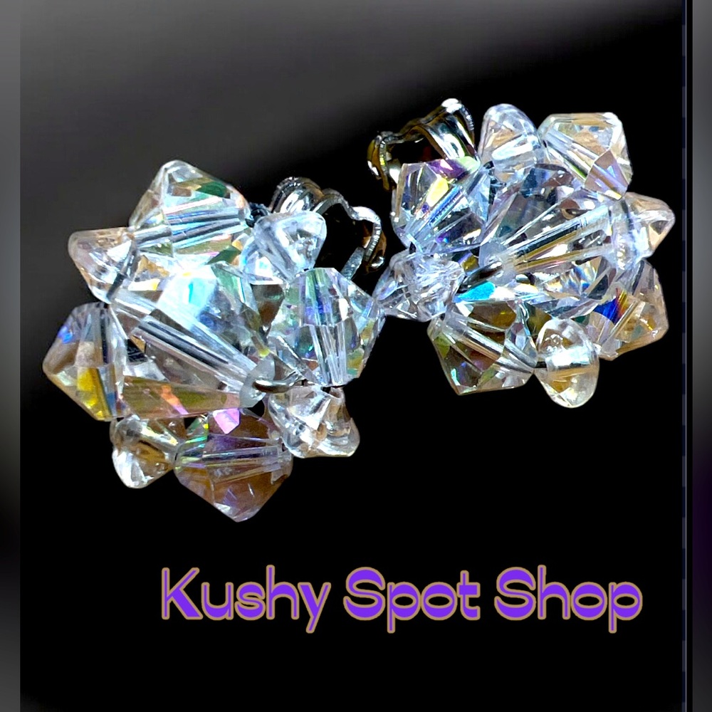 AB Irridescent Clear Rainbow 🌈 CRYSTALS ✨💎 Clip On Silver Earrings ✨🌈💎✨🌈💎